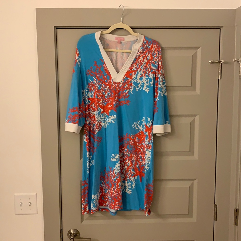Lilly Pulitzer dress with coral and starfish.